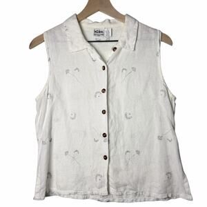 Vintage Kiko Linen Button Up Floral Collared Shirt Blouse Boho Women's size S/M